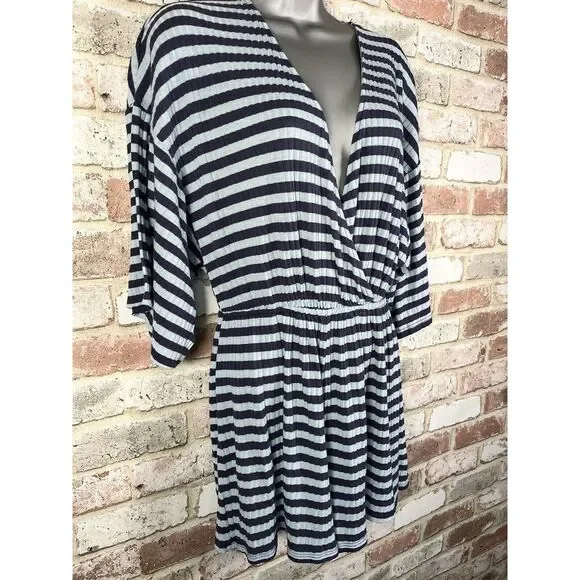 Urban Outfitters Ribbed Knit Surplice Romper Light Blue Striped‎ Summer Beach M - Picture 3 of 12